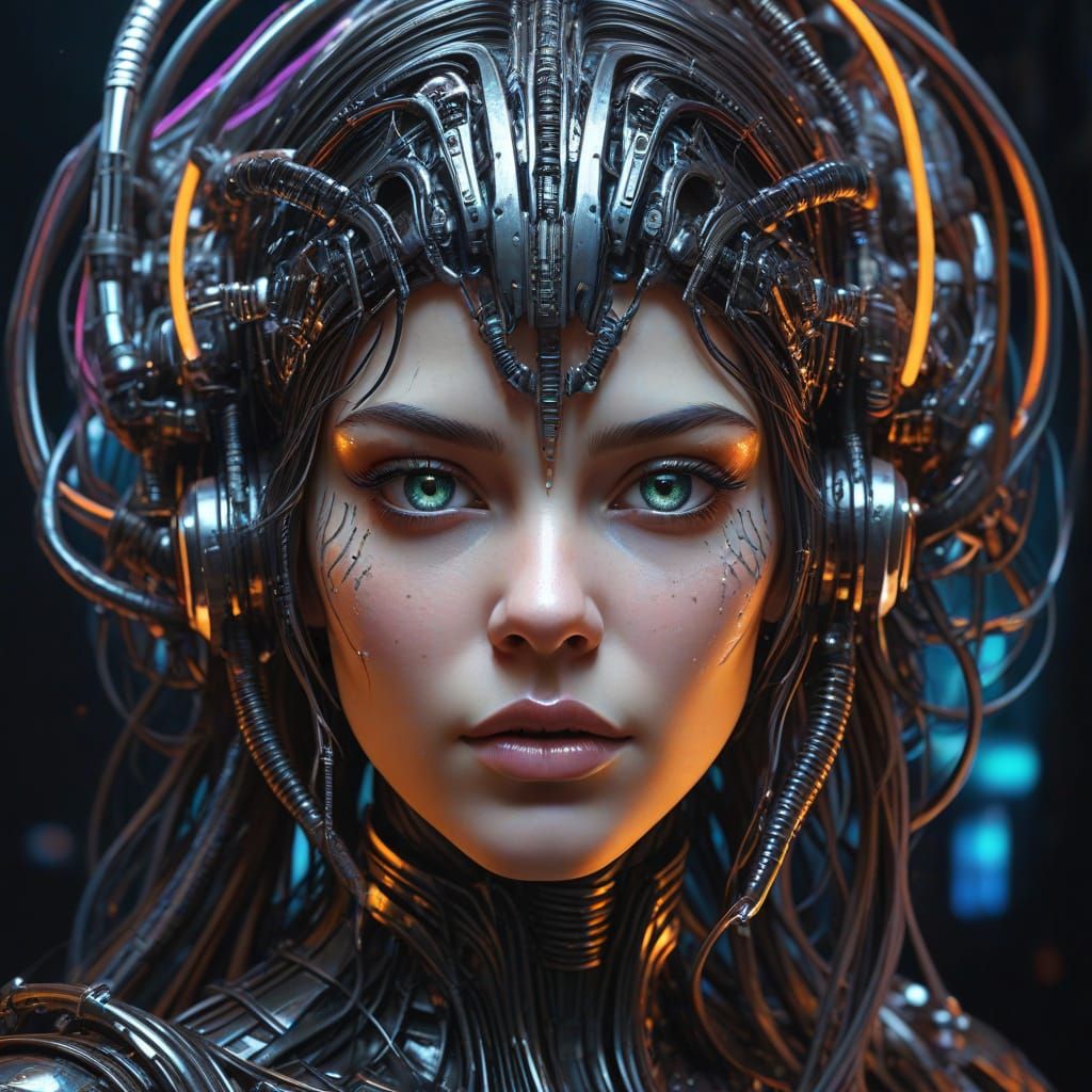 Cyberpunk Goddess with Rainbow Gears and Neon Hair