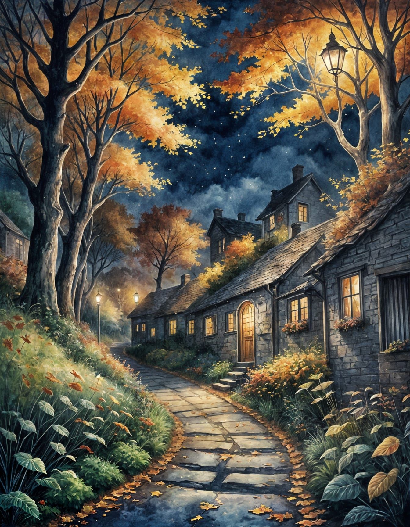Nostalgic Autumn Country Lane at Night Watercolour
