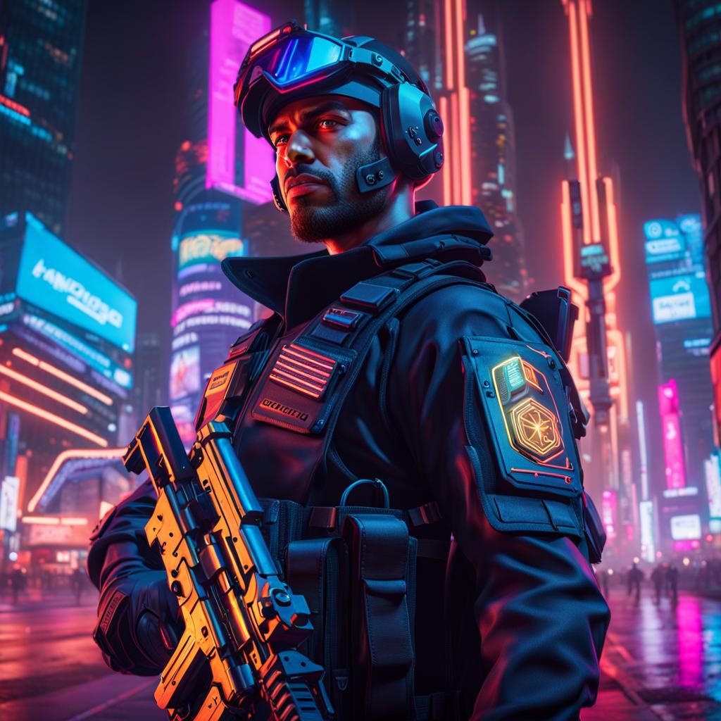 Futuristic Cyberpunk Cop in armed...
