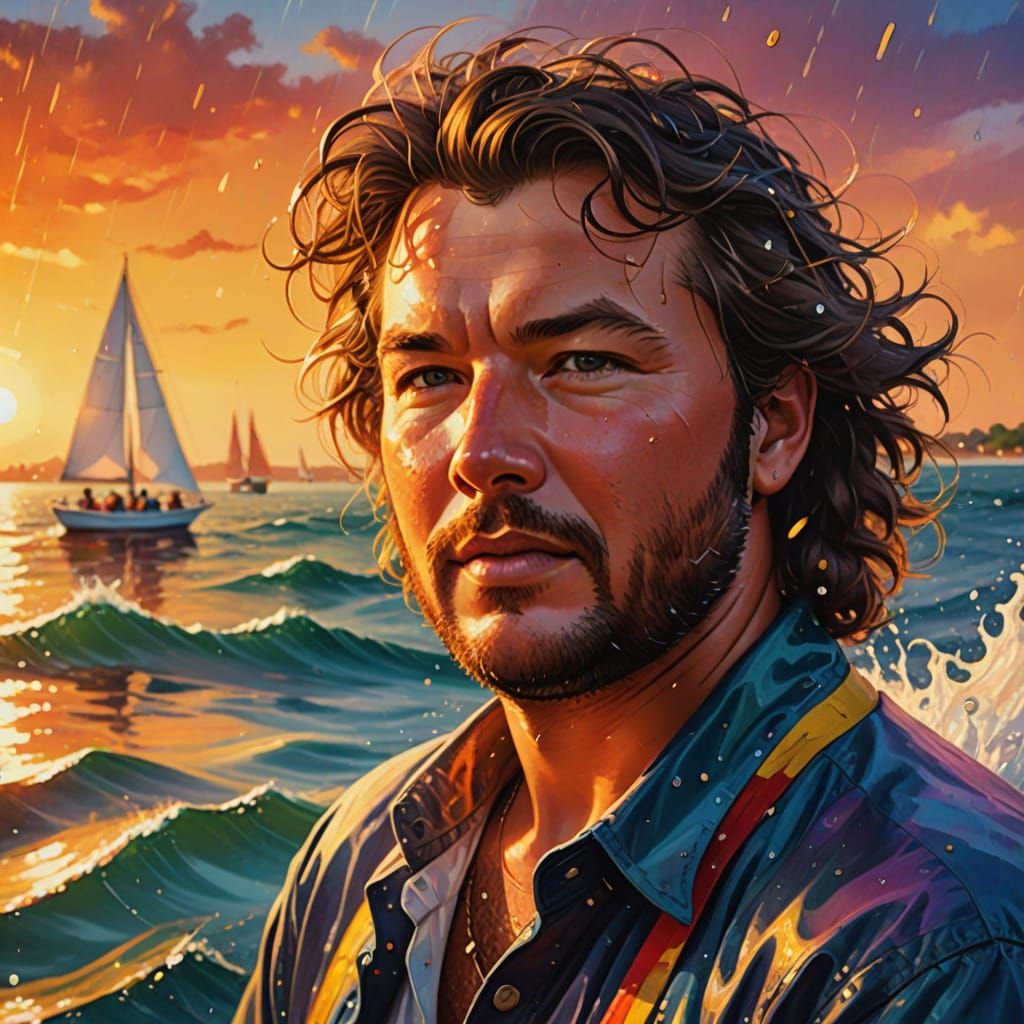 Christopher Cross Sails at Sunset: Oil Painting