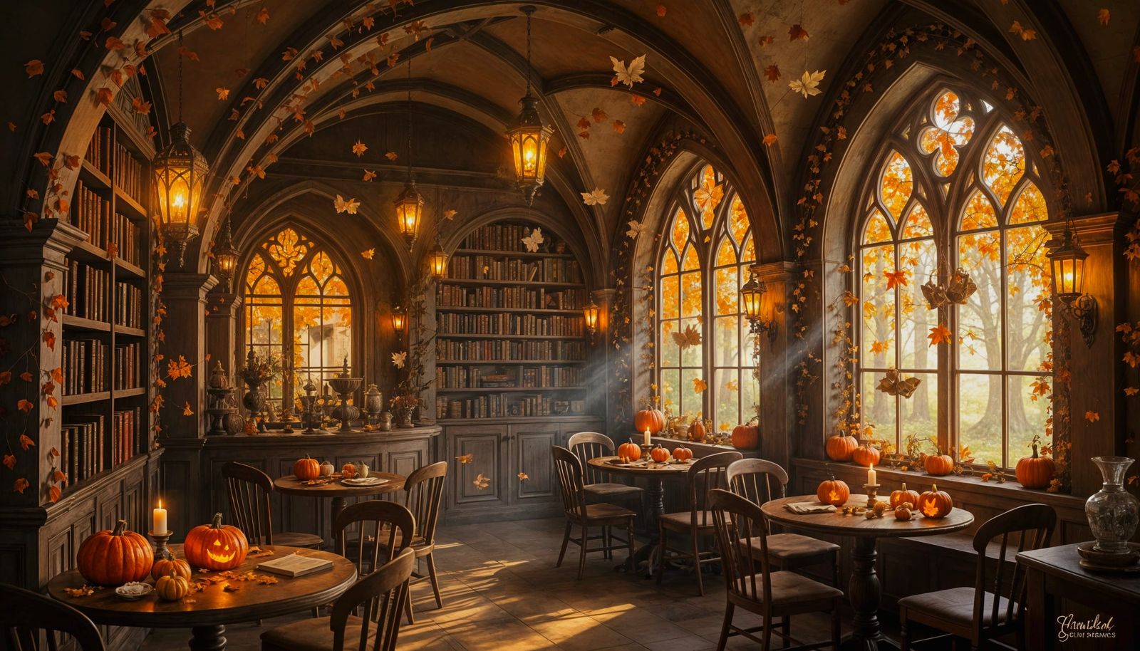 Enchanted Autumn Café with Perpetual Twilight Forest