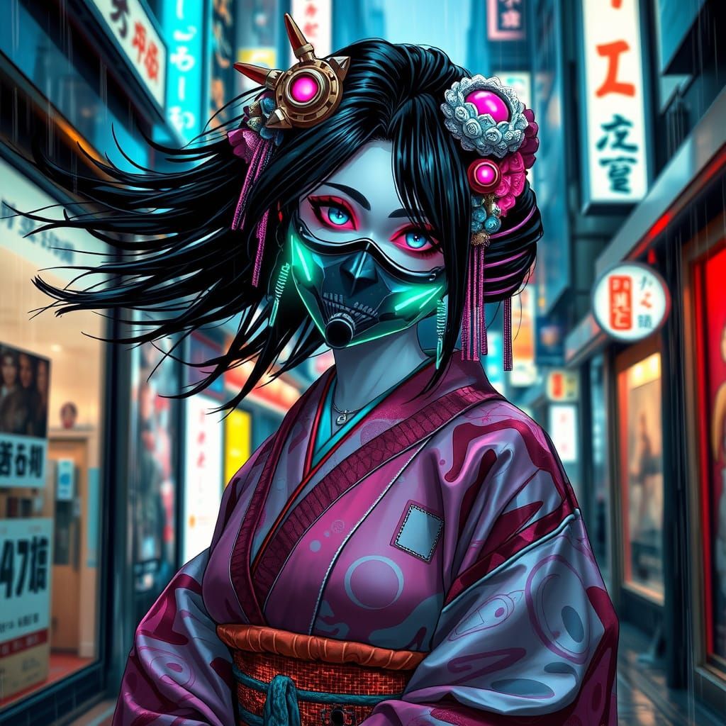 Cyberpunk Geisha in Tokyo Alleyway with Neon Kanzashi