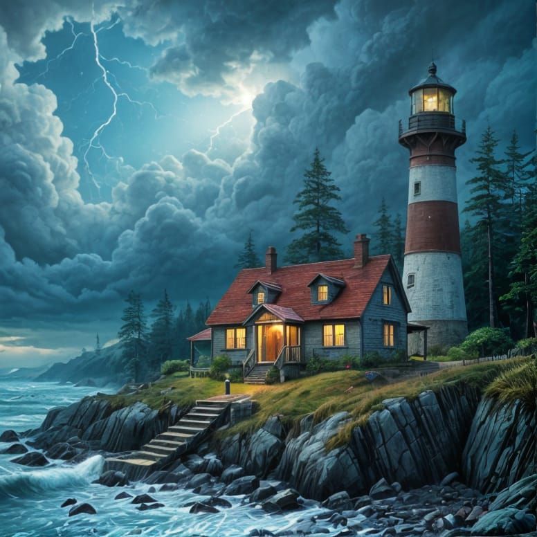 Whimsical East Coast Lighthouse Scene in Vibrant Impasto Sty...