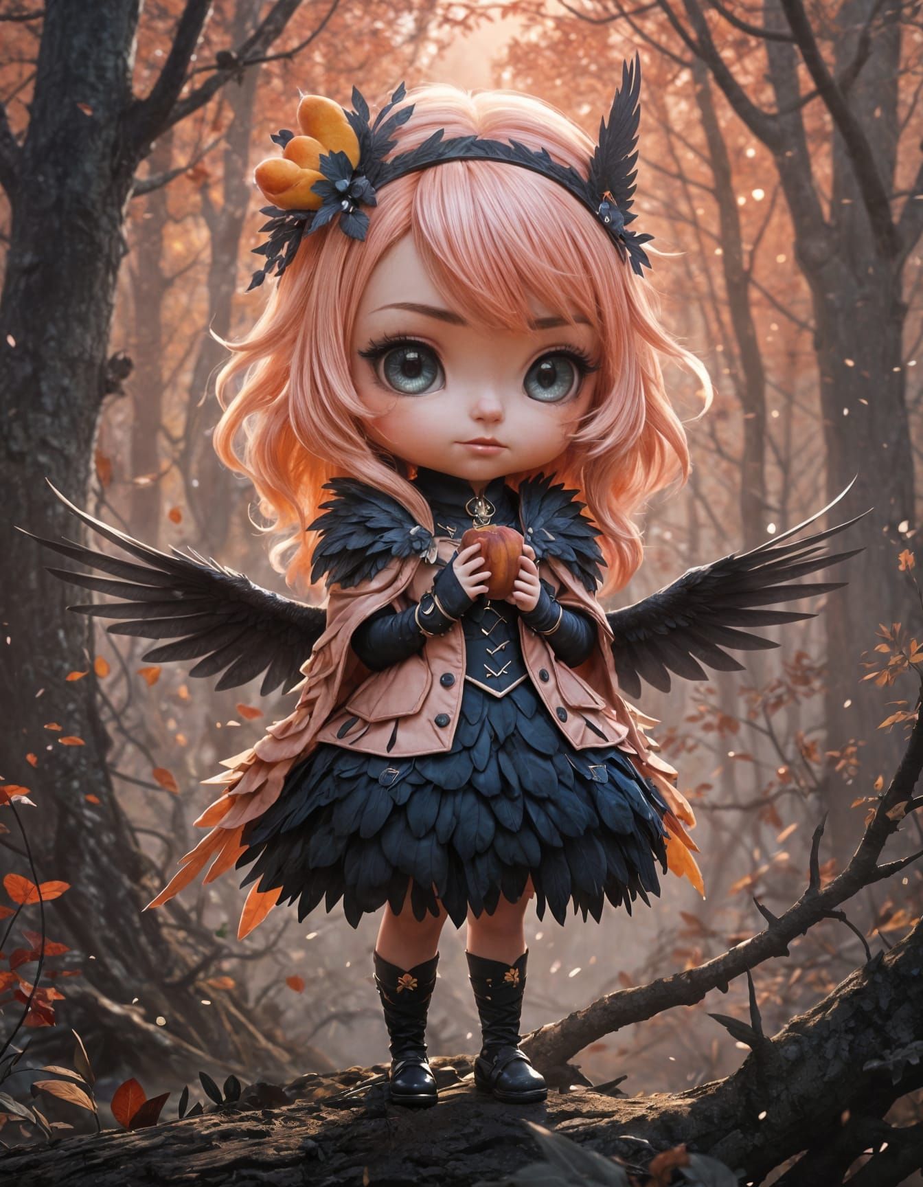Chibi Peach Raven Portrait in Fantasycore Style