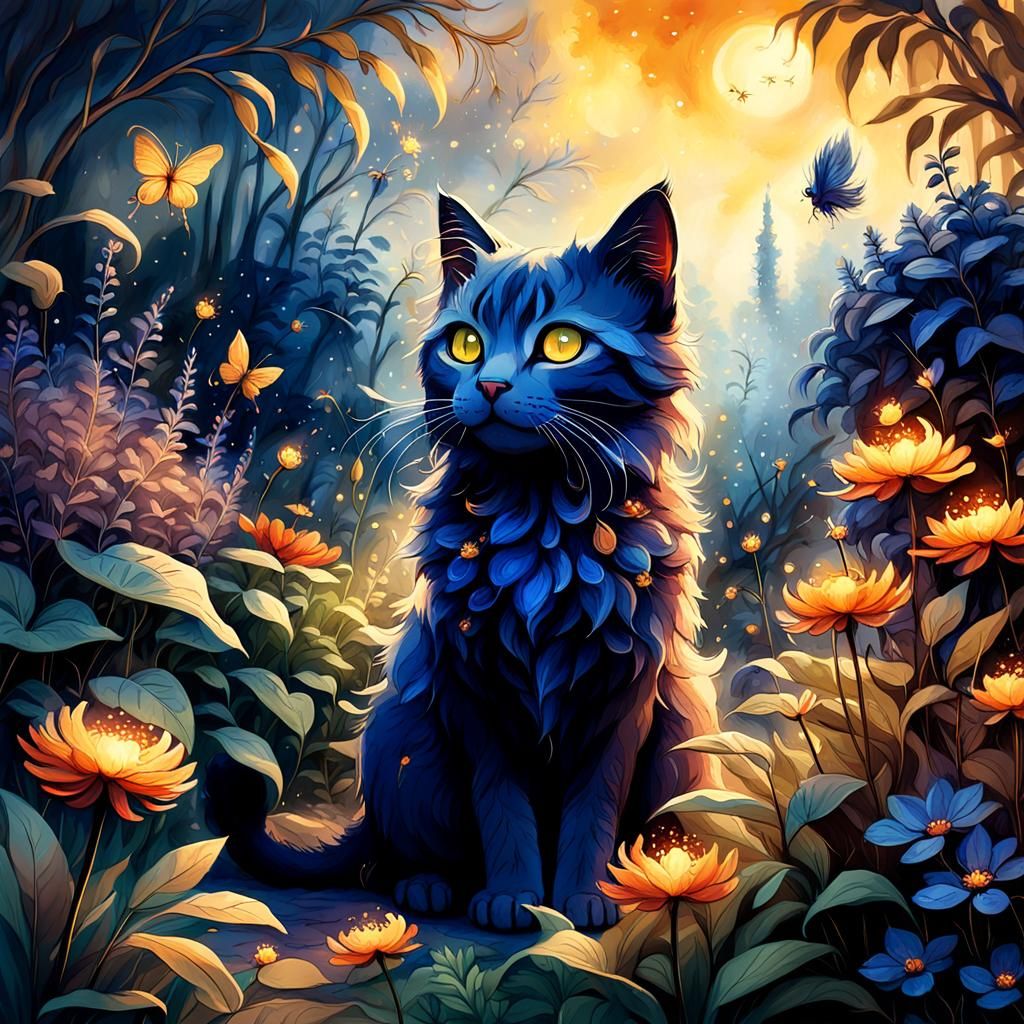 Kitty Explores Botanical Garden in Fantasy Art