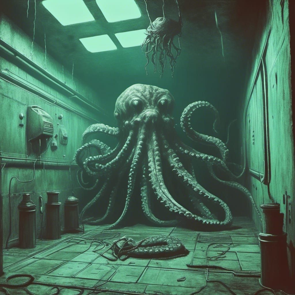 Octopus in Underwater Lab: 80s Horror Scene