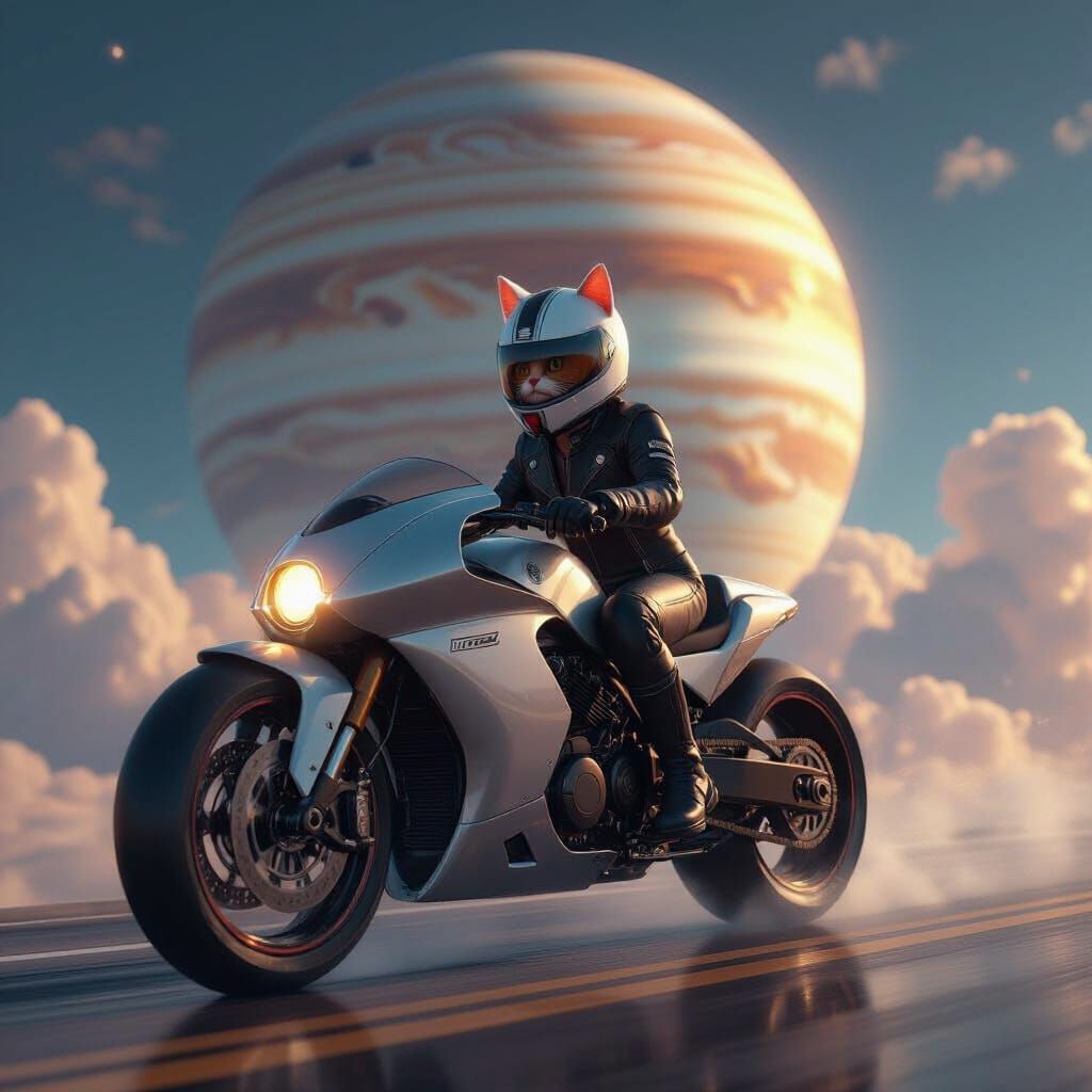 Cat Rides Motorcycle on Jupiter as 3D Digital Art