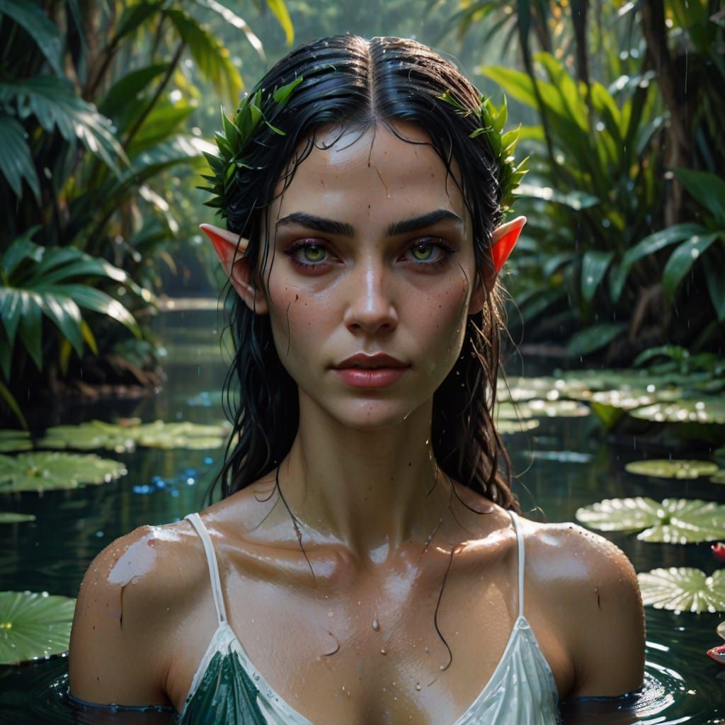 Elf Girl Wades in Serene Lake, Surrounded by Lush Foliage