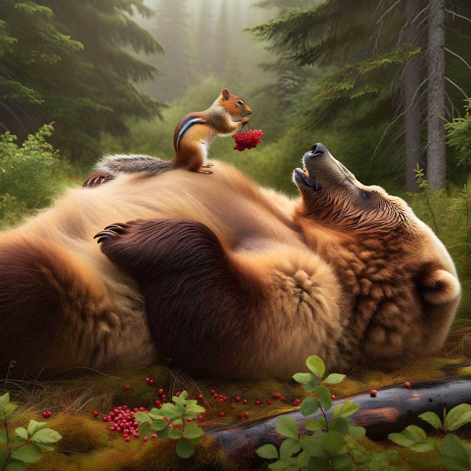 Bear and Chipmunk Share Berries in Serene Forest