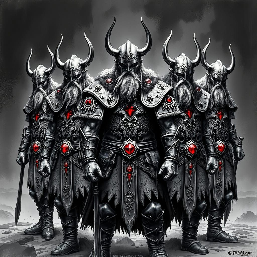 Viking Warriors in Grayscale with Red Gemstones