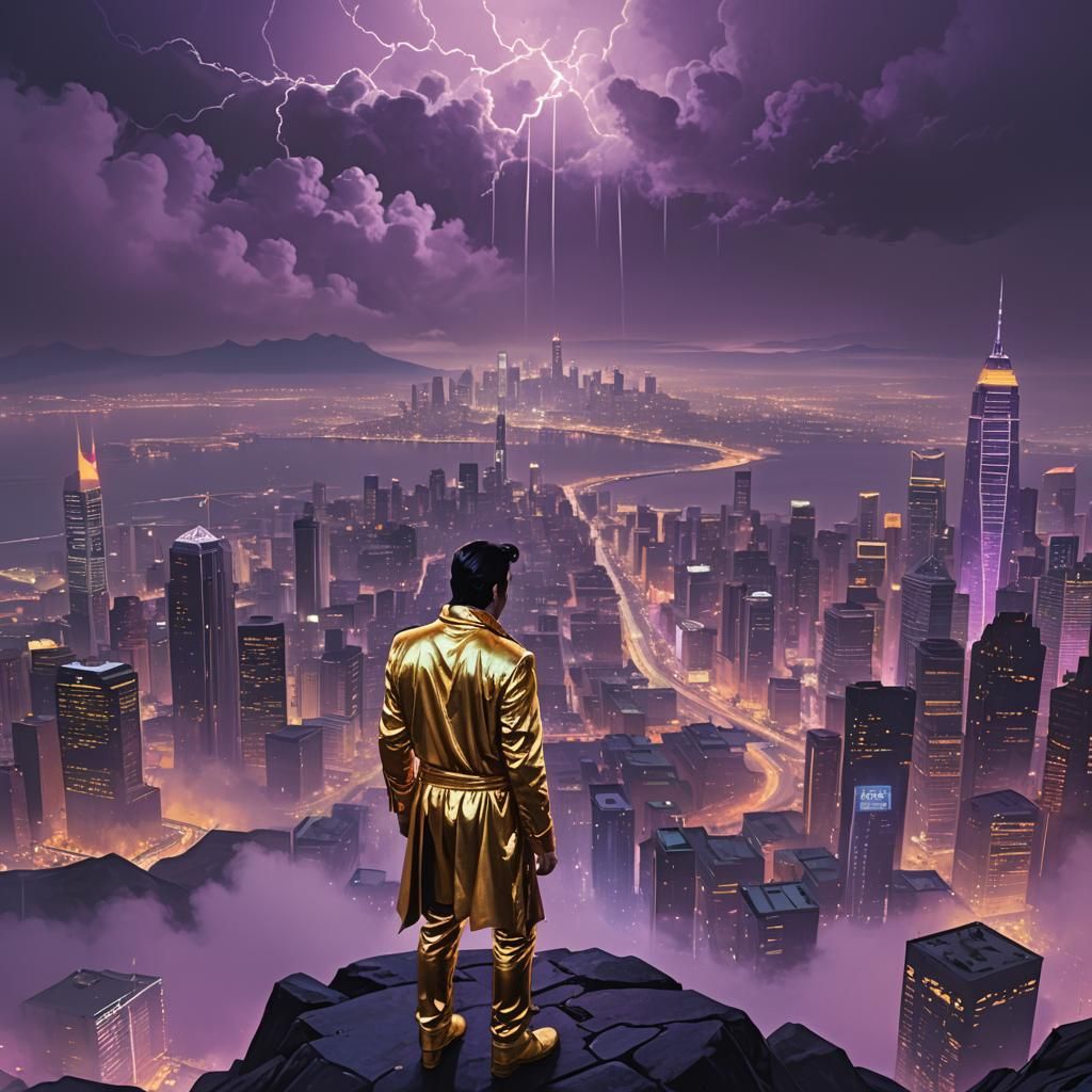 Elvis as Cyberpunk Guardian Overlooking Fan City
