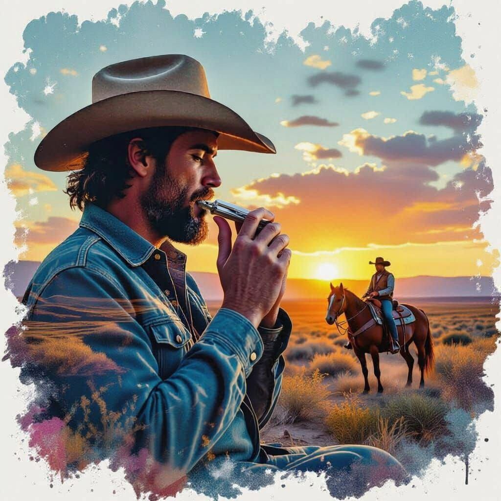 Harmonica Player in Double Exposure Digital Art