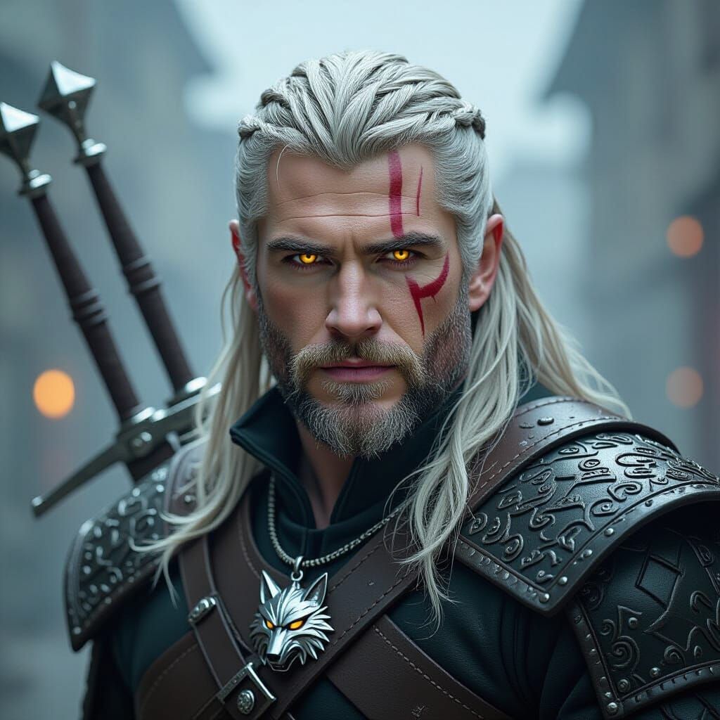 Geralt of Rivia in Dark Fantasy Scene