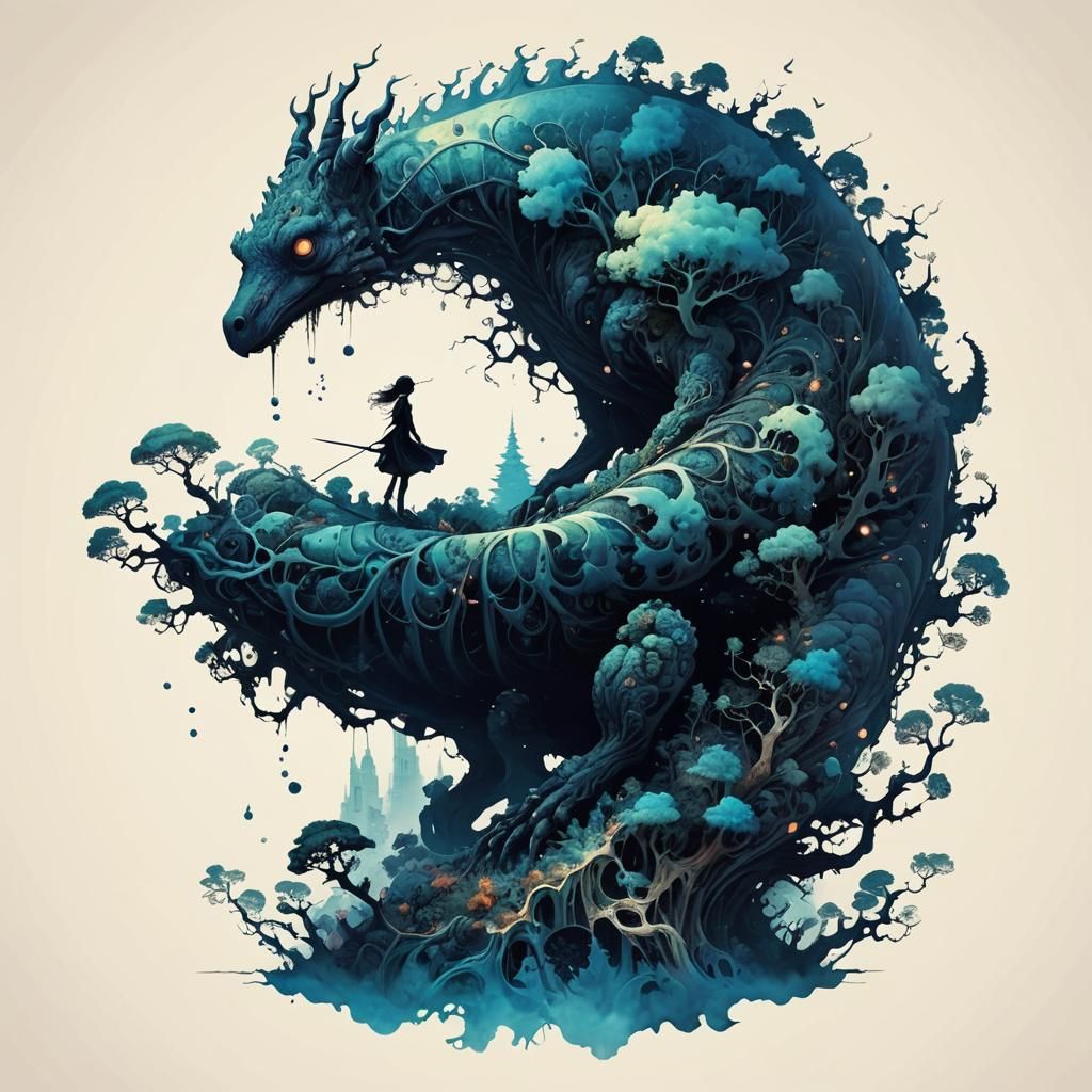 Exotic Fractal Midnight Landscapes in Ink Style