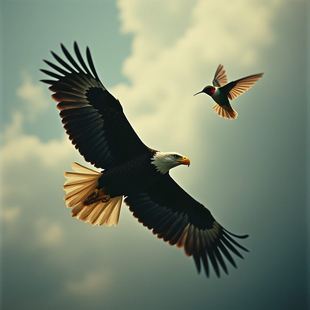 Eagle and Hummingbird in Gentle Flight, Cinematic Lighting