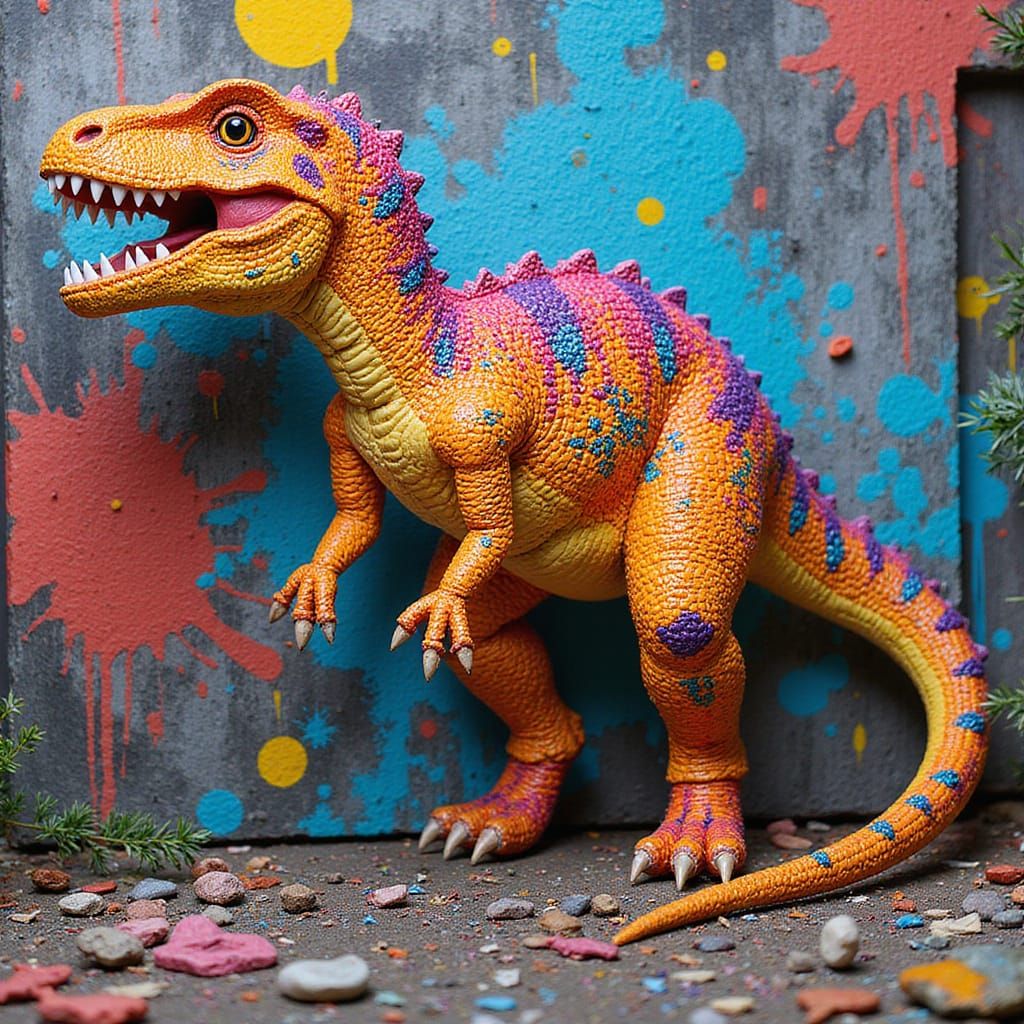 Vibrant Beaded Dinosaur in Graffiti Splash Art Style