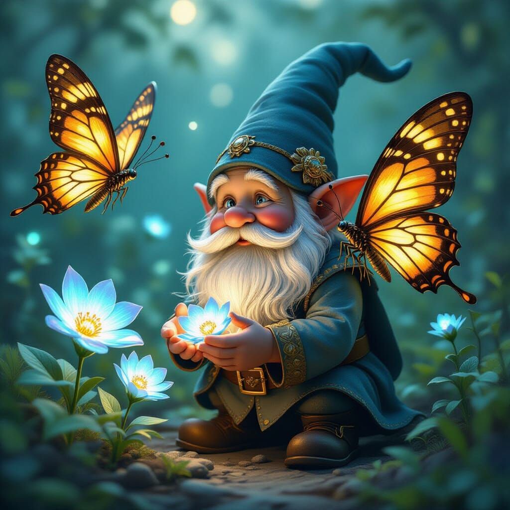 Gnome and Mechanical Butterflies in Bioluminescent Garden