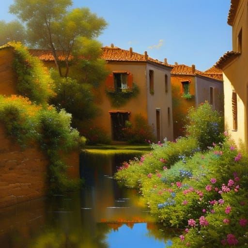 Spanish Village Oil Painting with Quaint Stone Garden