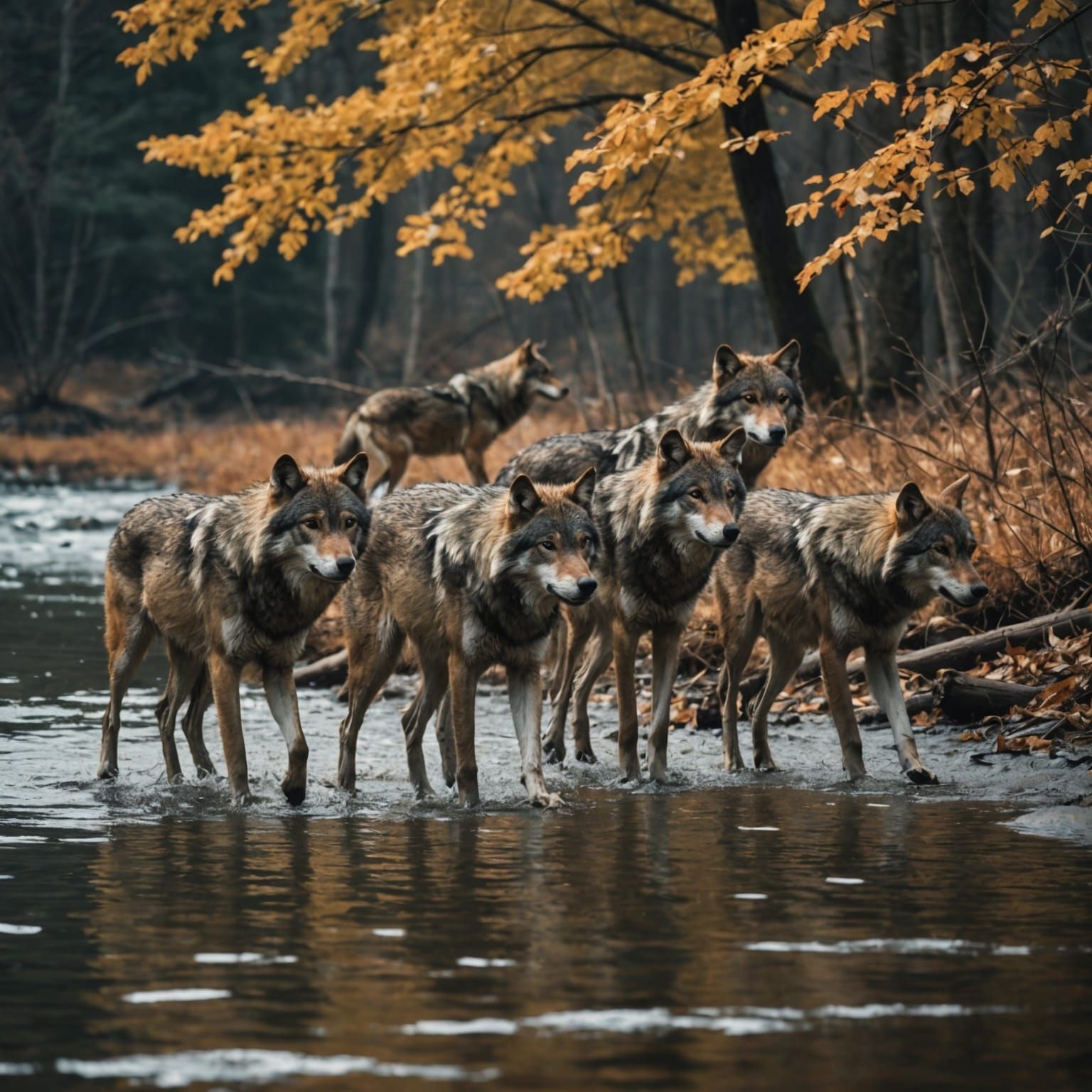 Wolves by River Emerge from Deer Carcass