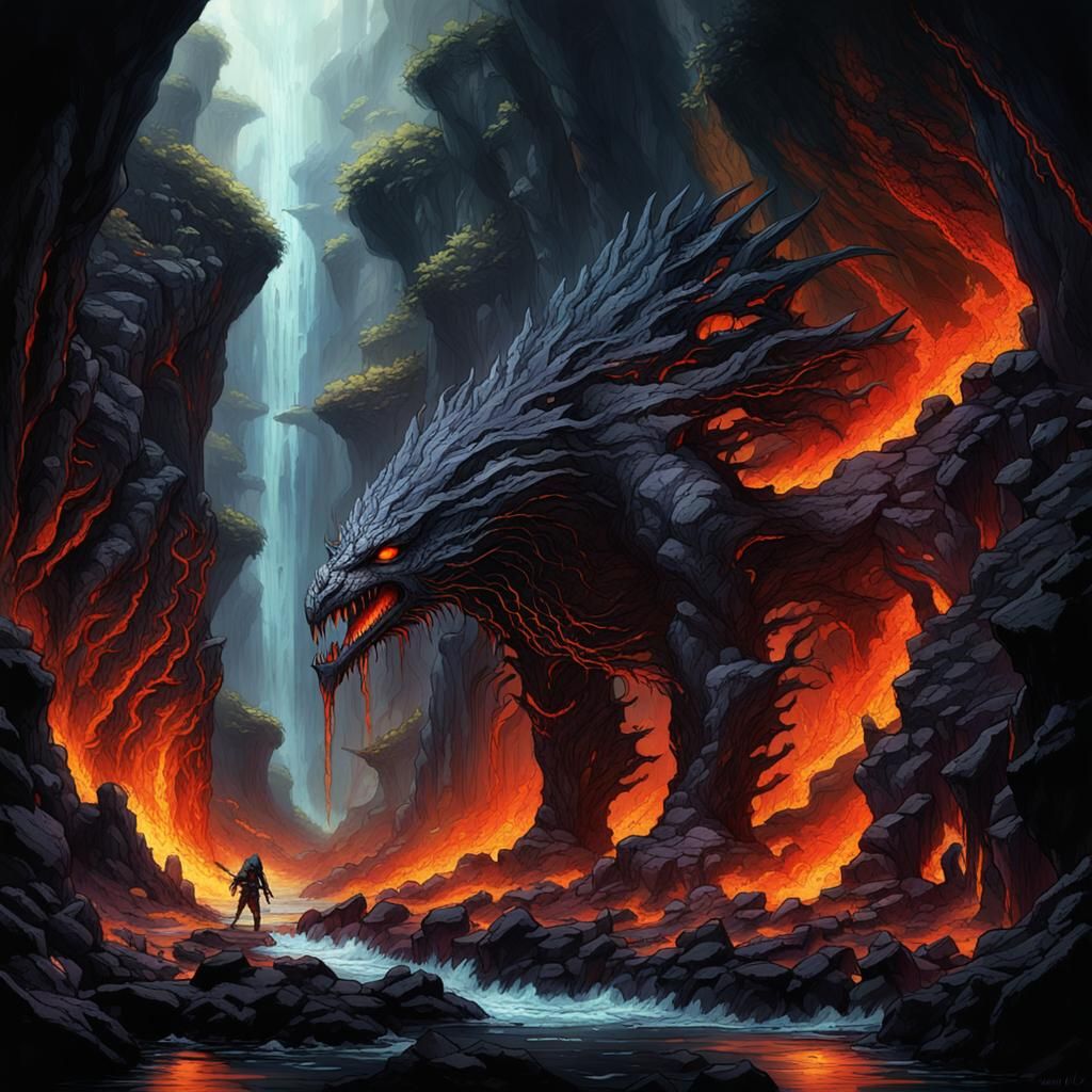 Infernal Caverns with Mythological Giants, Surreal Landscape