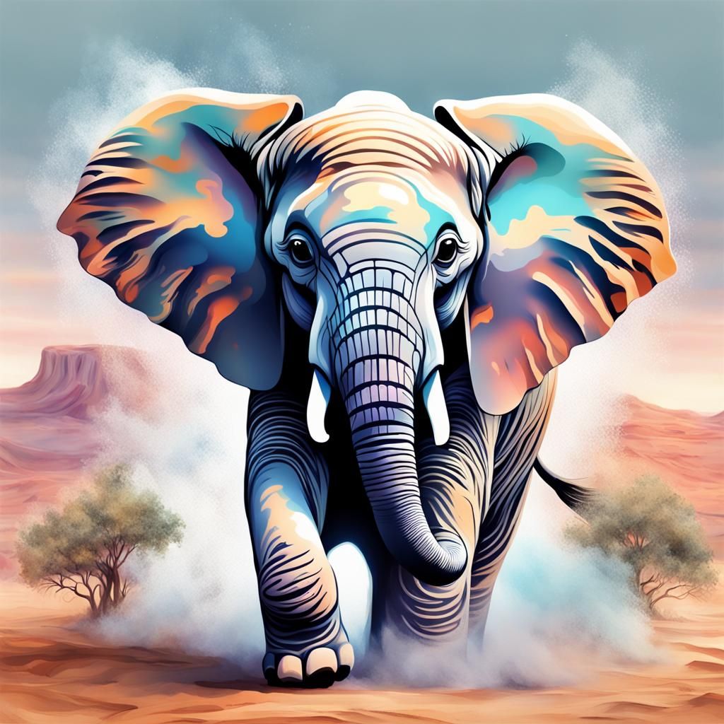 Pastel Baby Elephant in Desert Landscape