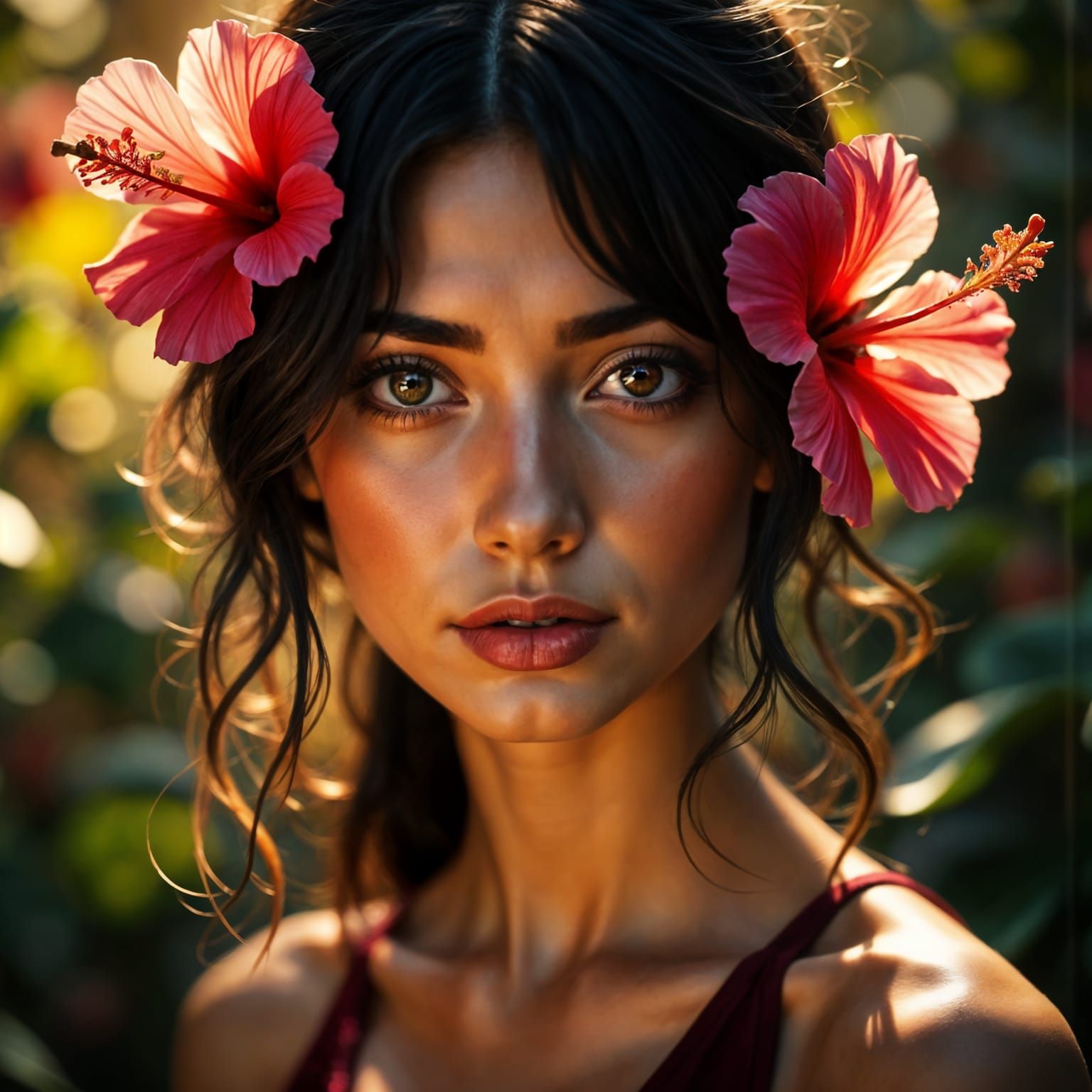 Hyperrealistic Portrait of a Woman with a Vibrant Hibiscus F...