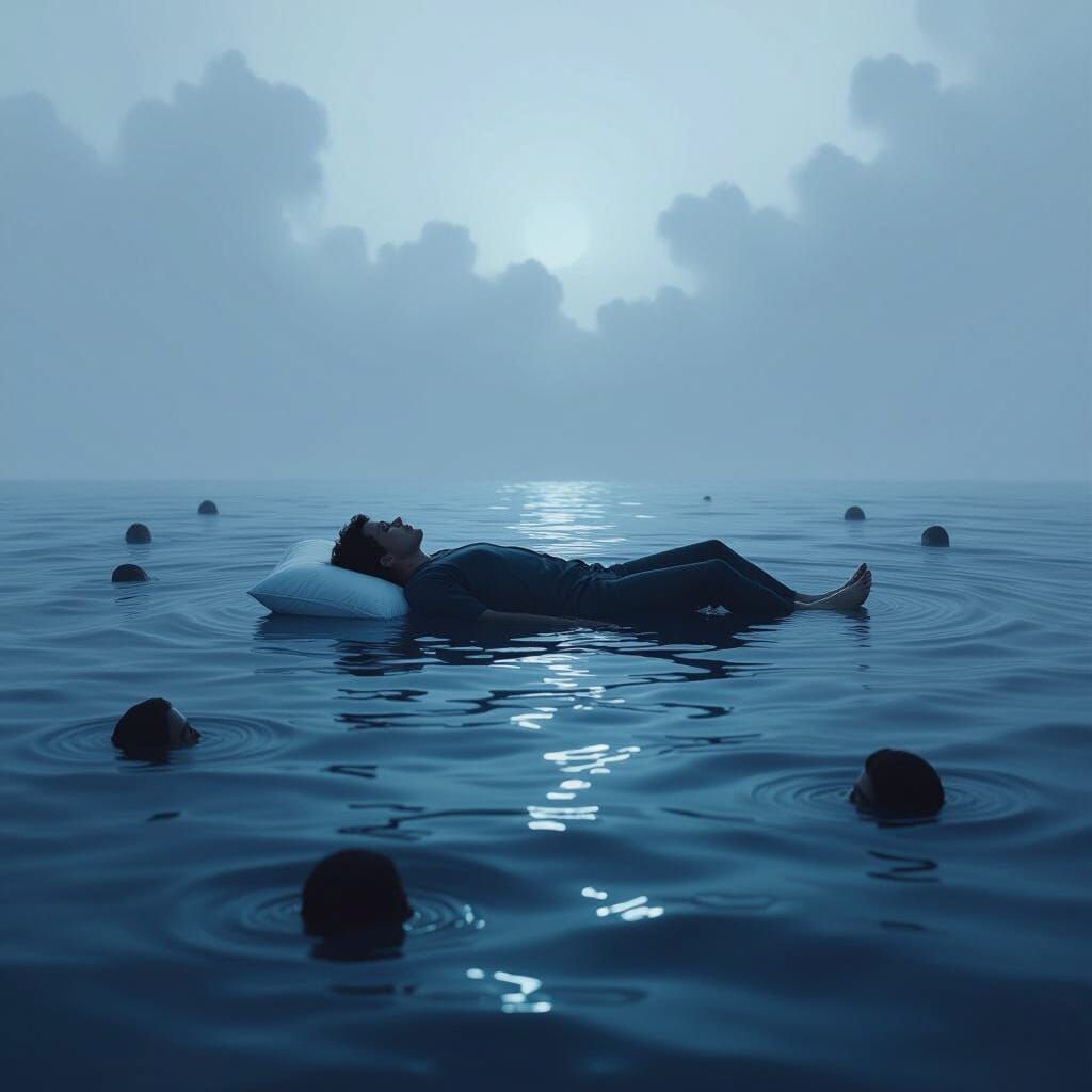 Dreamlike Sleeper Above Dark Ocean in Surreal Style