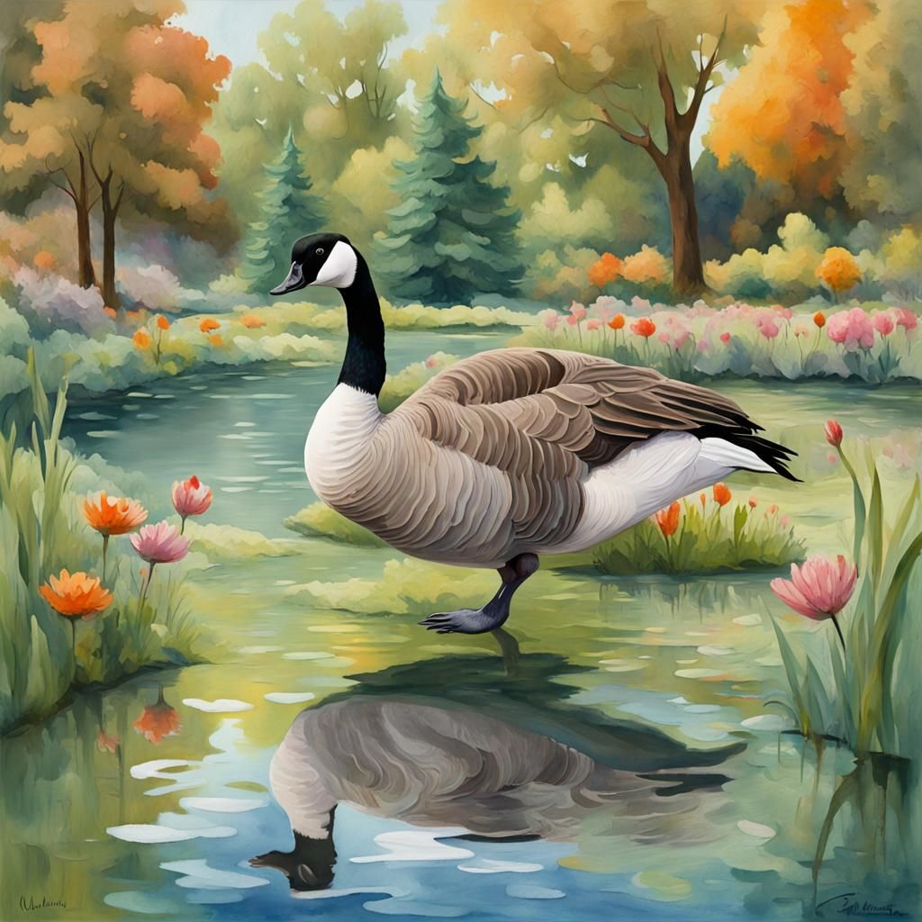 Canadian Goose in Whimsical Park, Gouache Watercolor