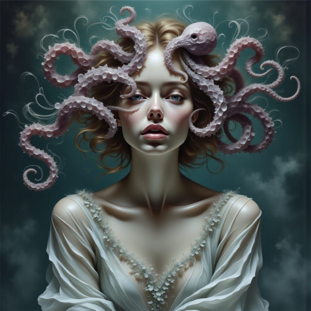 Octopus Woman in Underwater Room, Digital Painting