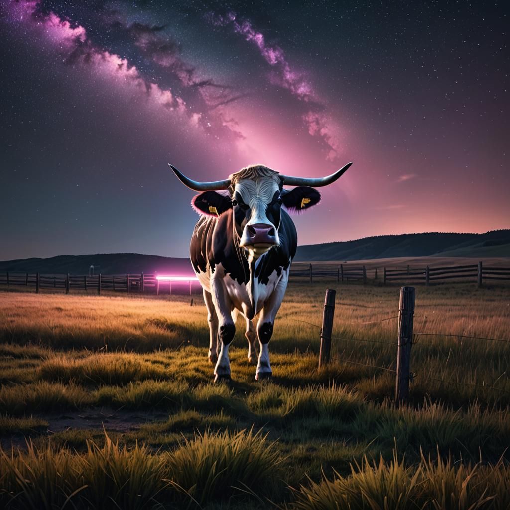 UFO Abduction: Surreal Sci-Fi Scene with Floating Cow