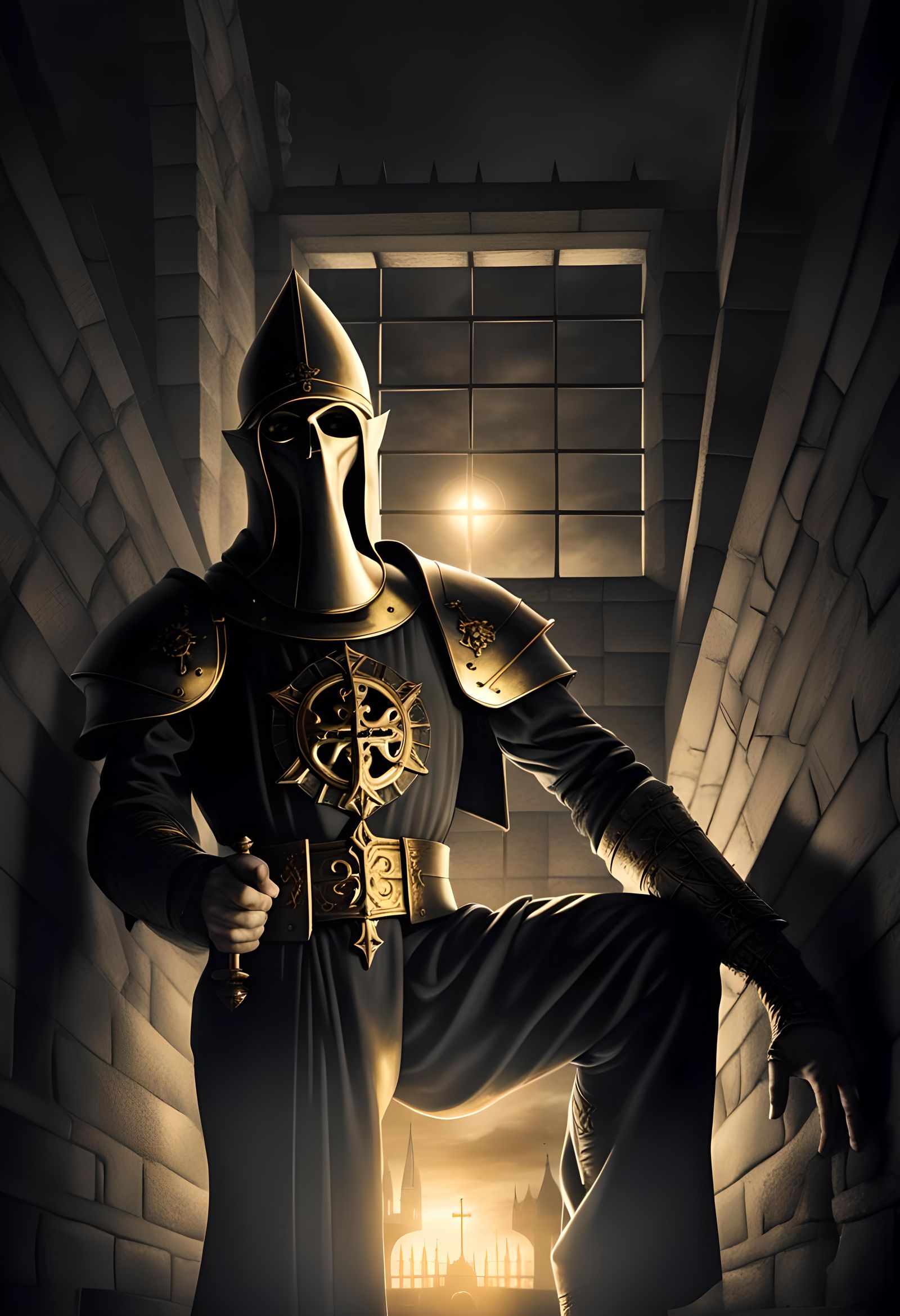 Medieval Inquisitor in Catholic Chapel at Twilight