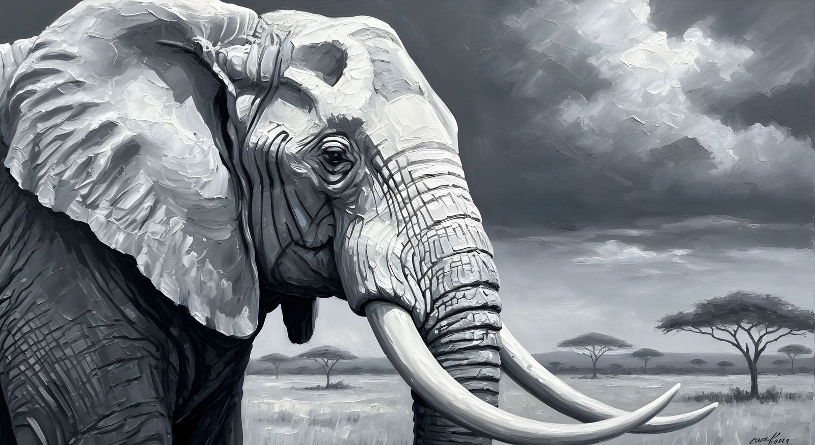 Majestic Elephant Matriarch in Monochrome Oil Painting