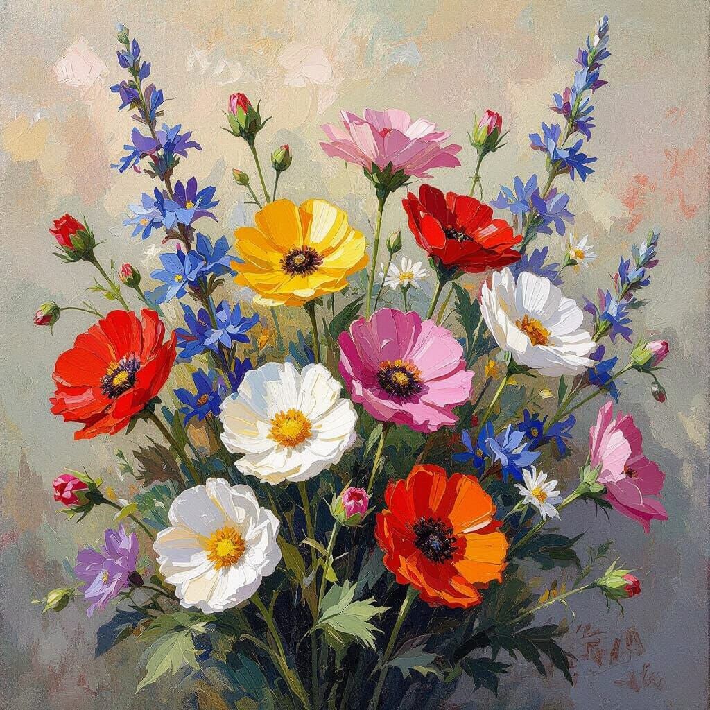 Vibrant Wildflower Bouquet in Impressionist Oil Painting Sty...