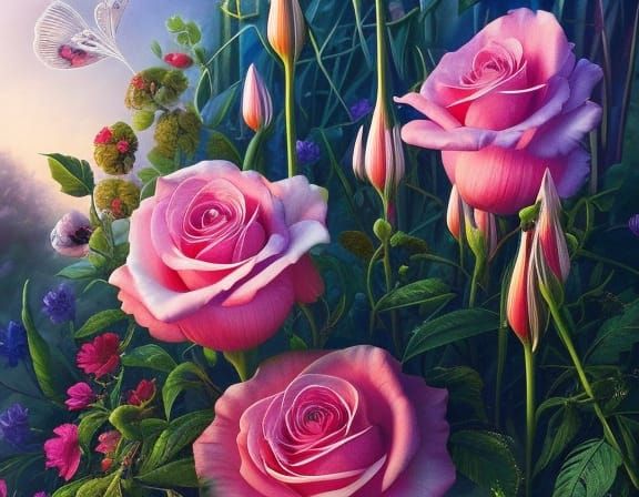 Lush Rose Flowers with Dew Drops in Hyperrealism