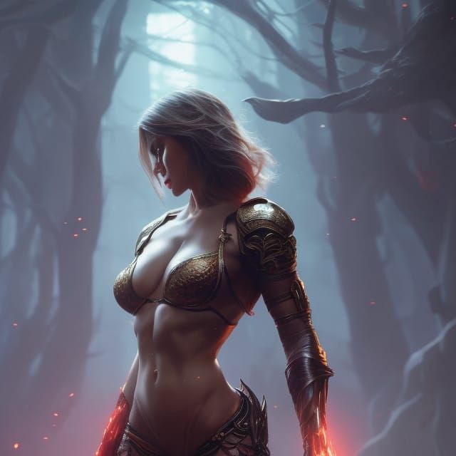 Dark Fantasy Muscular Woman, Hyperdetailed Digital Art