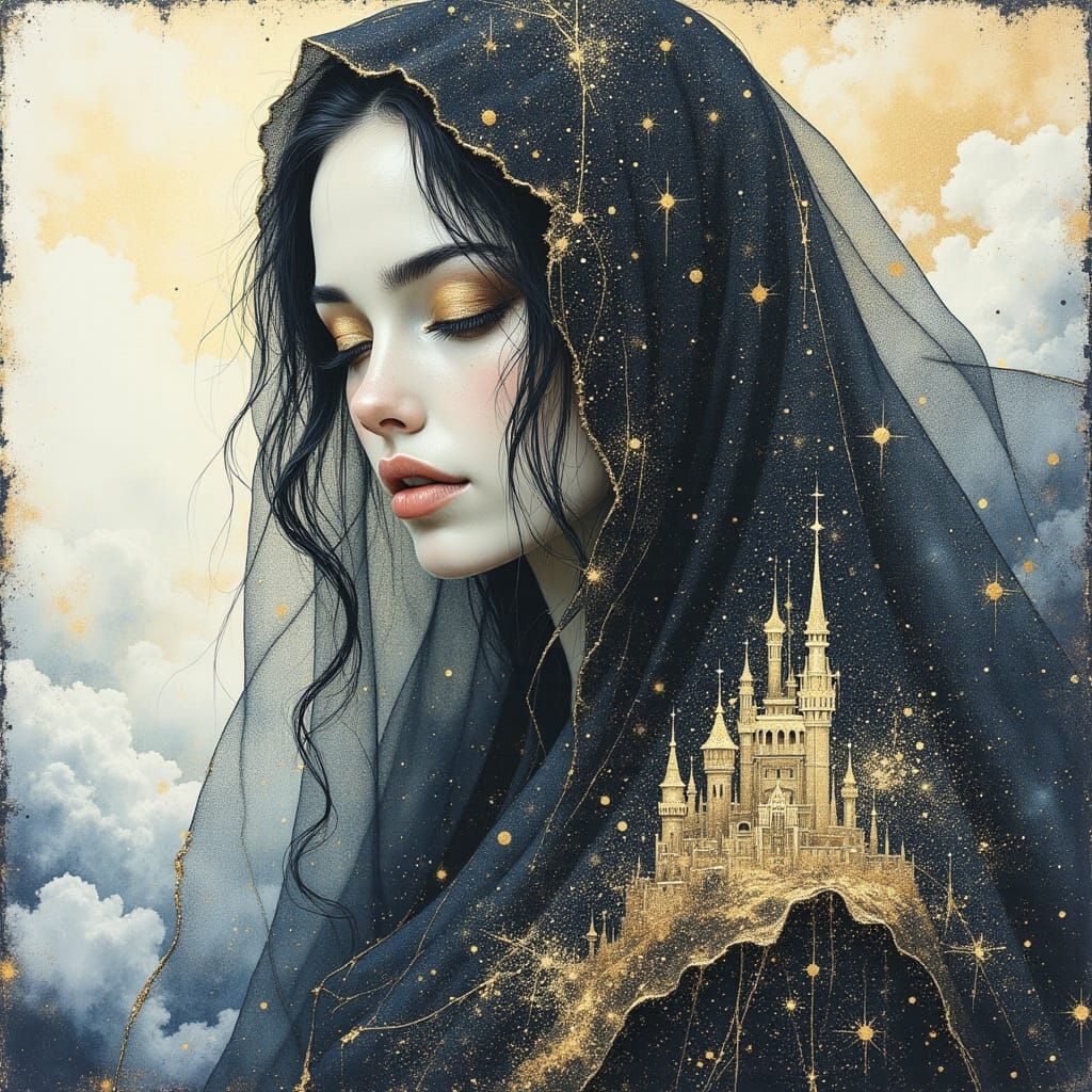 Ethereal Goddess in Spectral Castle Drawing