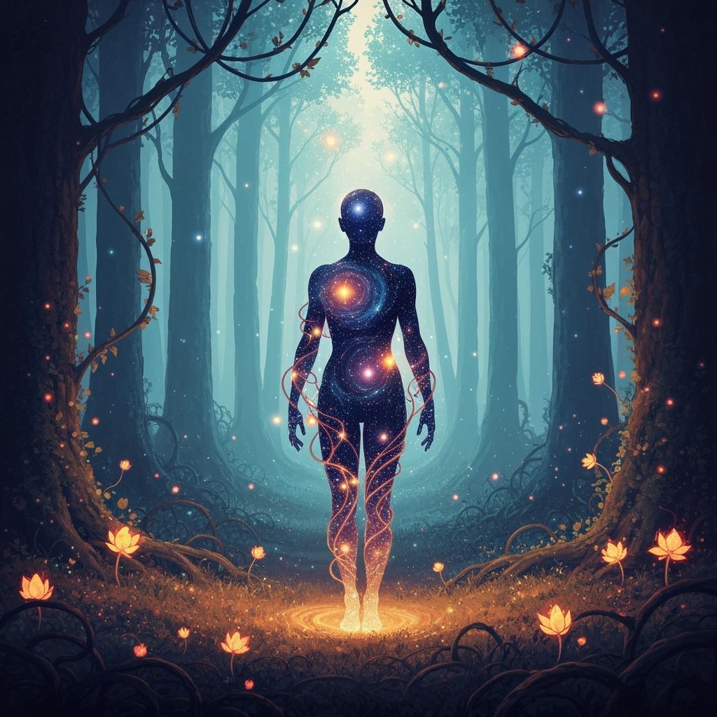 Cosmic Figure in Ethereal Forest