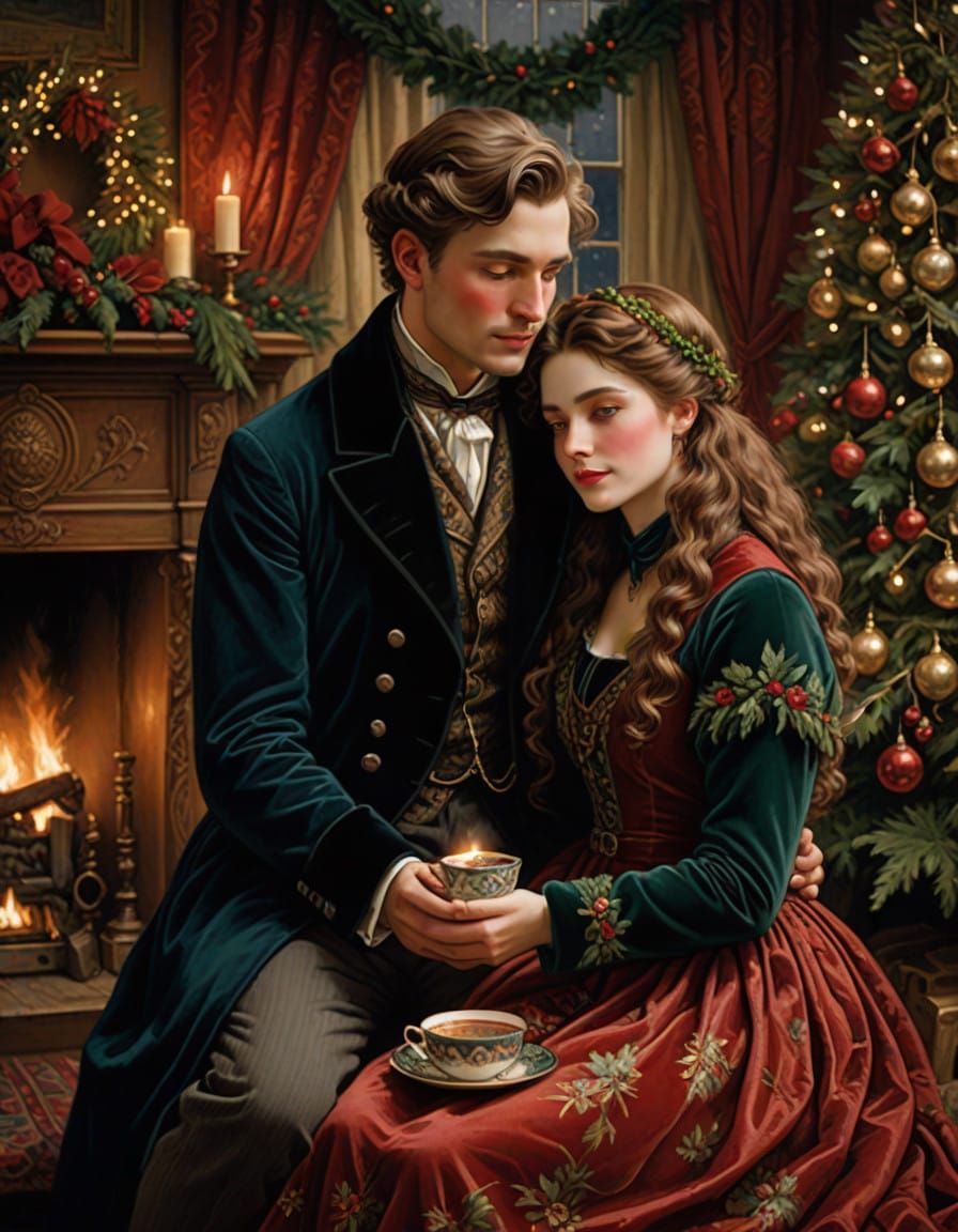Victorian Couple Cozy by the Fire