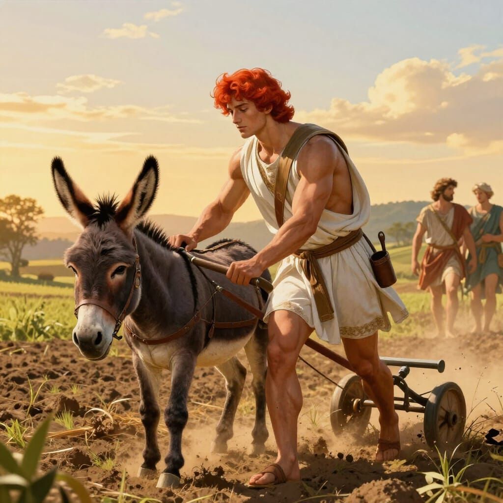 God of Farming Plowing Fields at Golden Hour