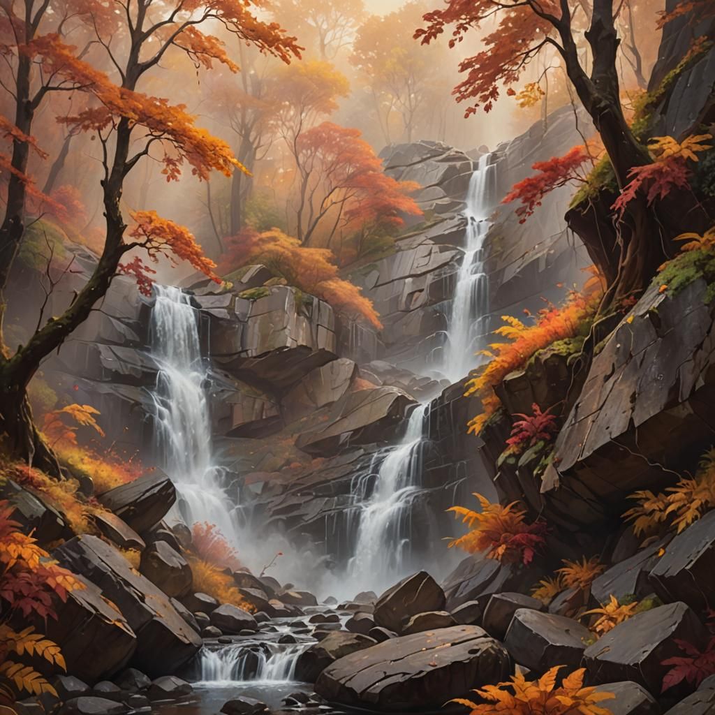 Autumn Waterfall Landscape in Hyperrealistic Oil Painting
