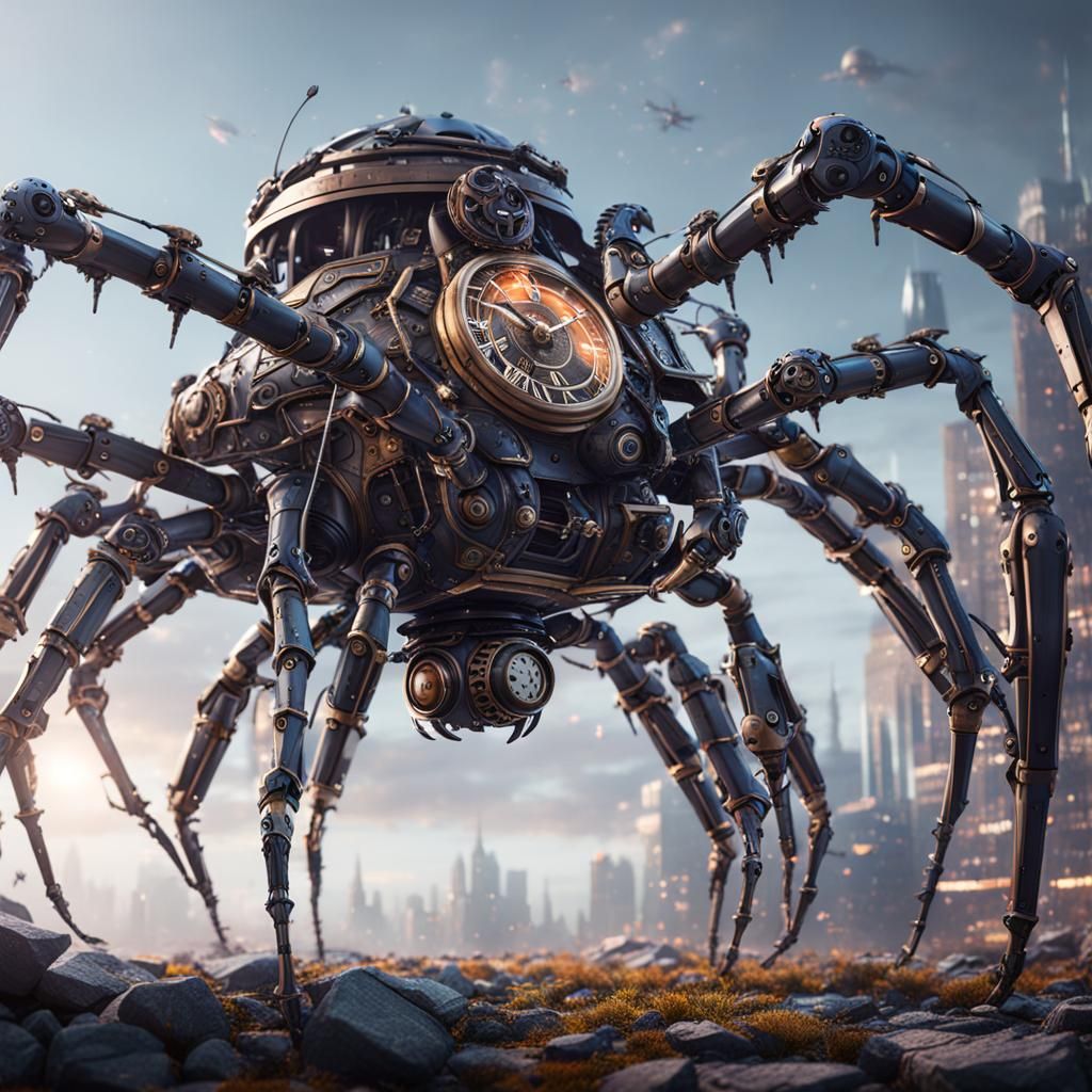 Mechanical Clock Robot Spider in Detailed Matte Painting