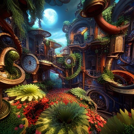 a surreal image of an abstract and mechanical garden, where ...