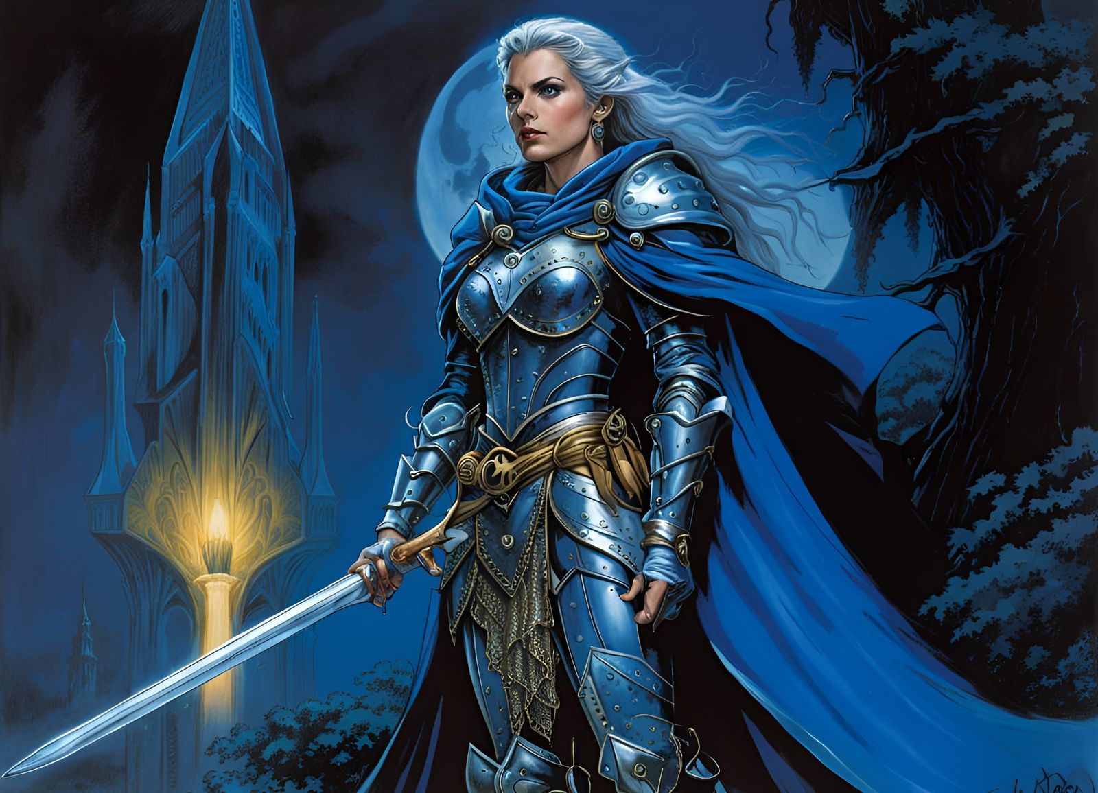 Elf Knight in Moonlight: Digital Art in Medieval Style