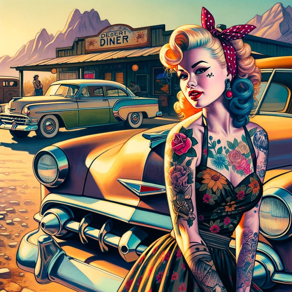 Tattooed Pin-Up Girl at Diner in Early 1900s Style