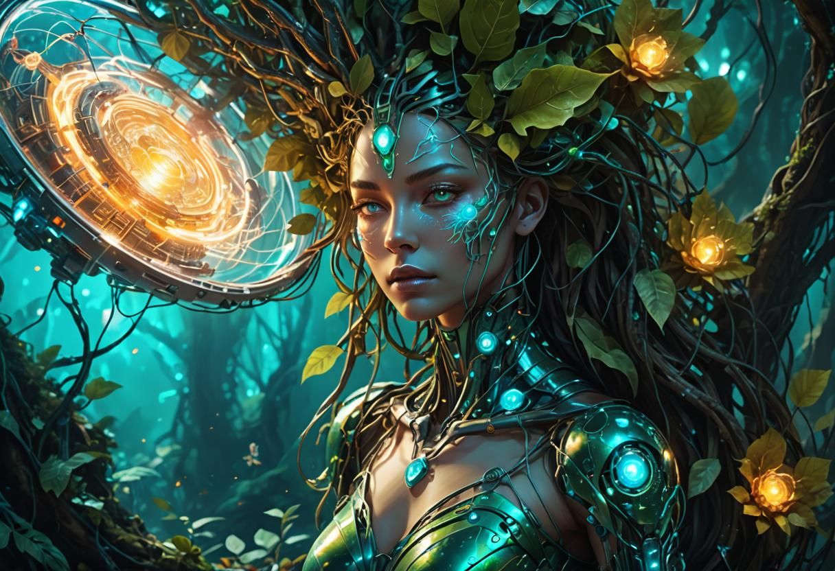 Cyborg Dryad Emerges From Shimmering Liquid