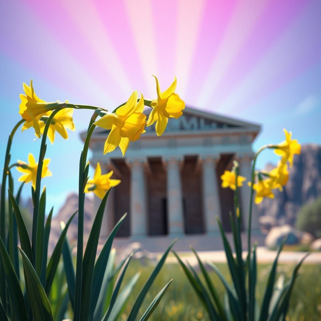 Daffodils Bloom in Vibrant Temple Scene, Inspired by Van Gog...