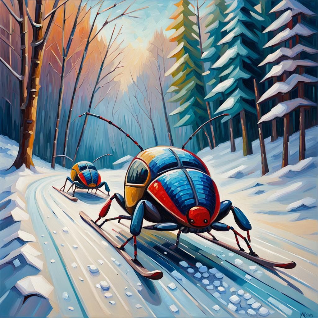 Neo-Impressionist Winter Sports Scene in Oil