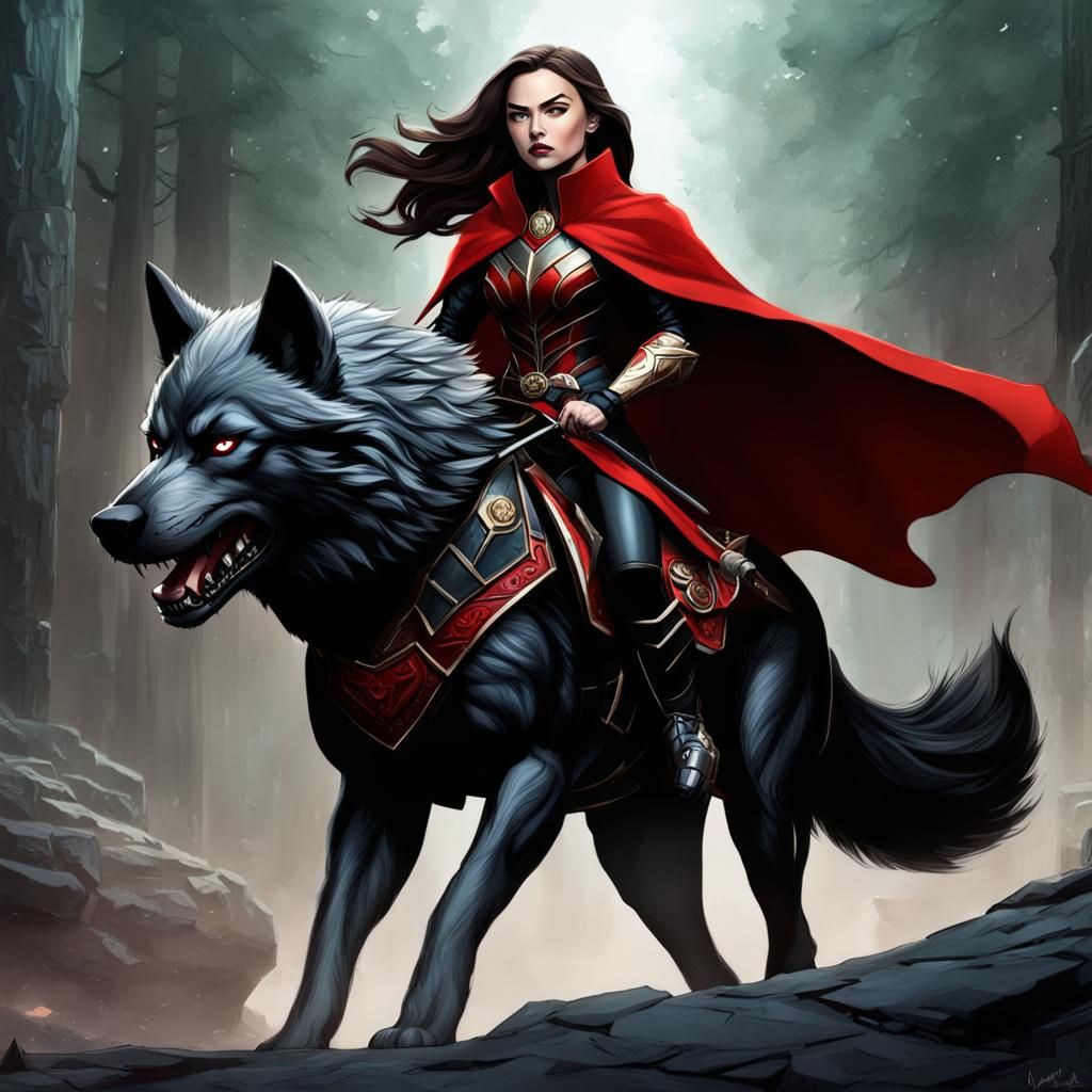 Talia Al Ghul Riding a Wolf in Chibi Pixar Style