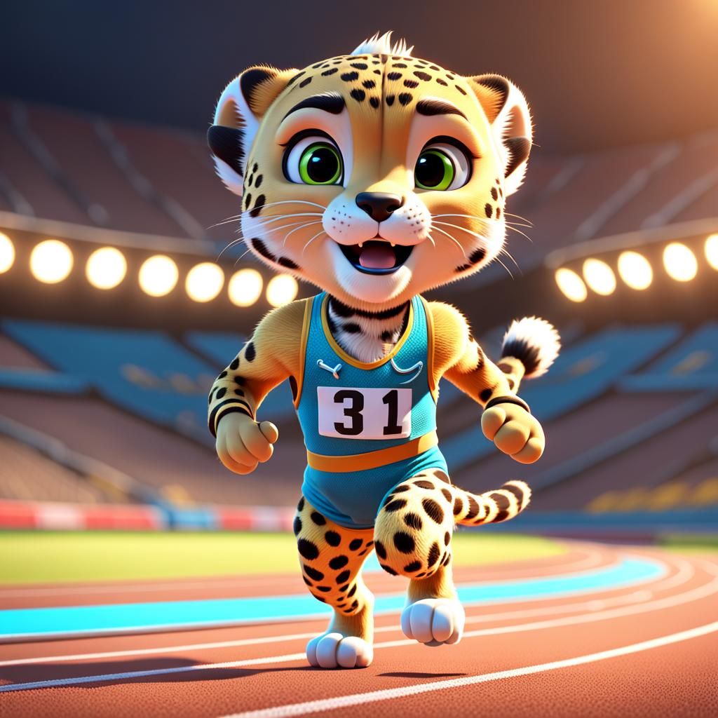 Chibi Cheetah Athlete Runs Race, 3D Digital Art