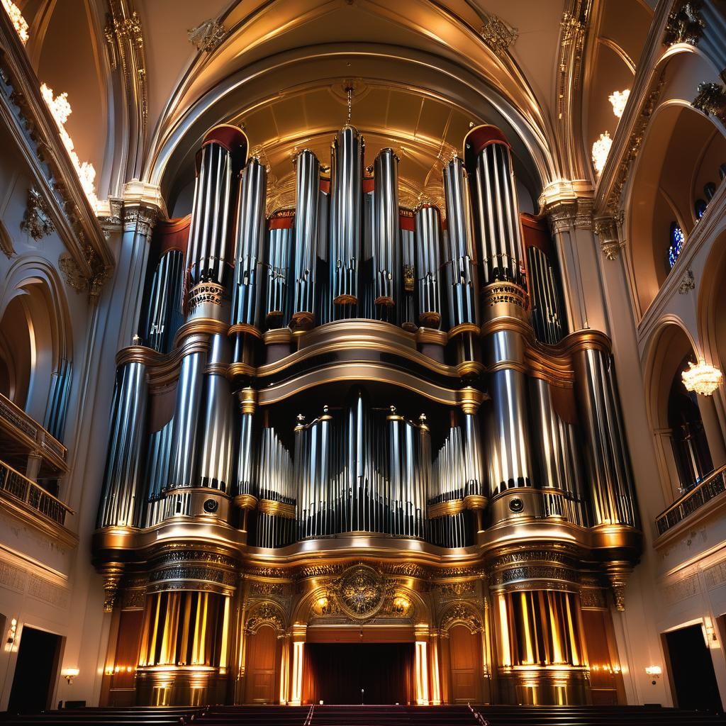 Giant Pipe Organ in Neon Lit Concert Hall